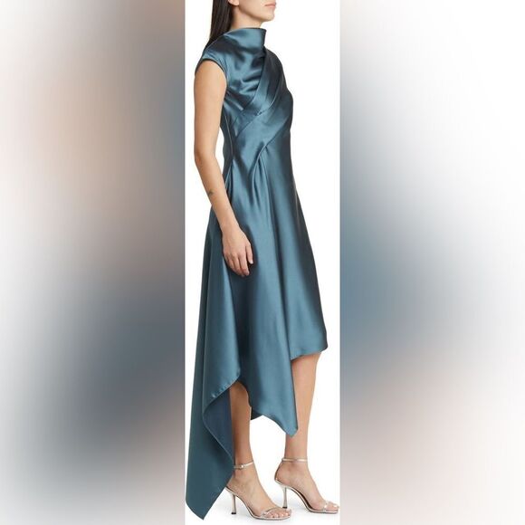 Amsale NWT Draped Satin Asymmetric Cocktail Dress in Petrol Size 12 MSRP $595 - Picture 8 of 11